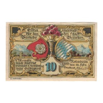 Banknote, Germany, Rosenheim Stadt, 10 Pfennig, rue, 1921, 1921-02-16