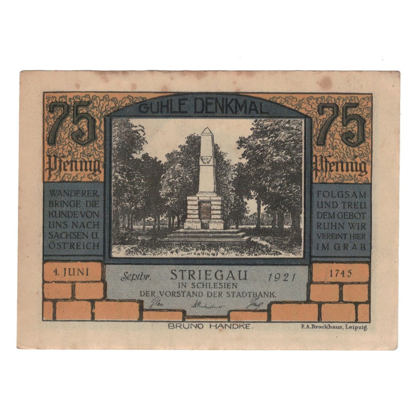 Banknote, Germany, Striegau Stadt, 75 Pfennig, personnage, 1921 (1922)