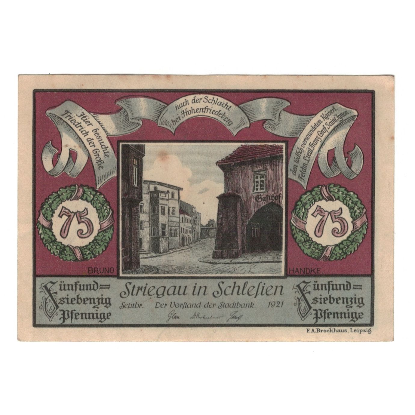 Banconote, Germania, Striegau Stadt, 75 Pfennig, personnage 1, 1921 (1922)