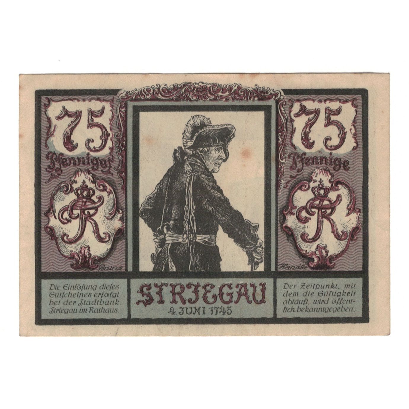 Banconote, Germania, Striegau Stadt, 75 Pfennig, personnage 1, 1921 (1922)