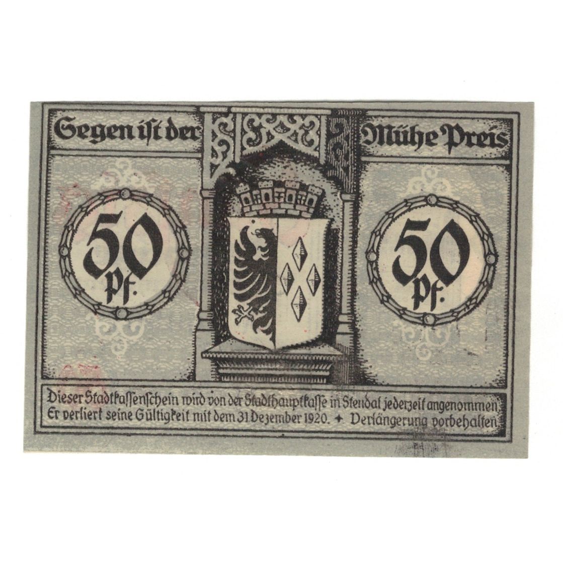 Banknote, Germany, Stendal Stadt, 50 Pfennig, Blason, 1920, 1920-12-31