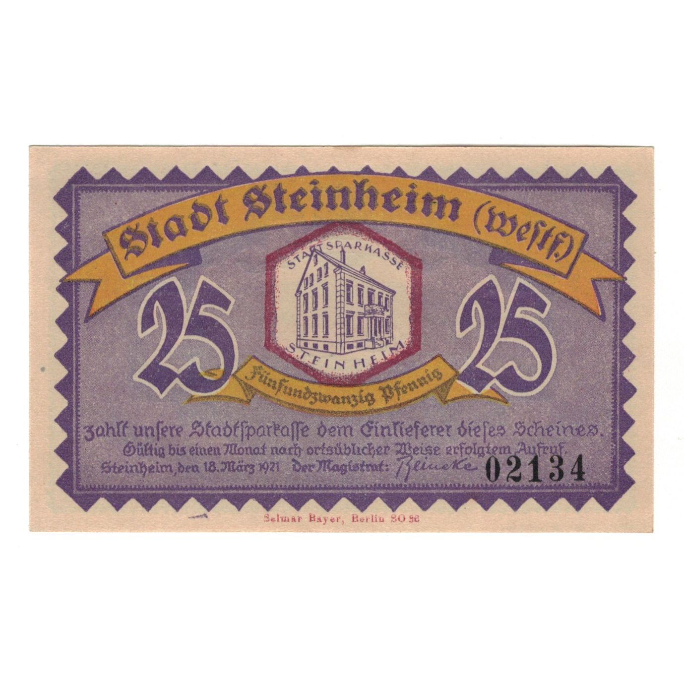 Banconote, Germania, Steinheim Stadt, 25 Pfennig, paysage, 1921, 1921-03-18
