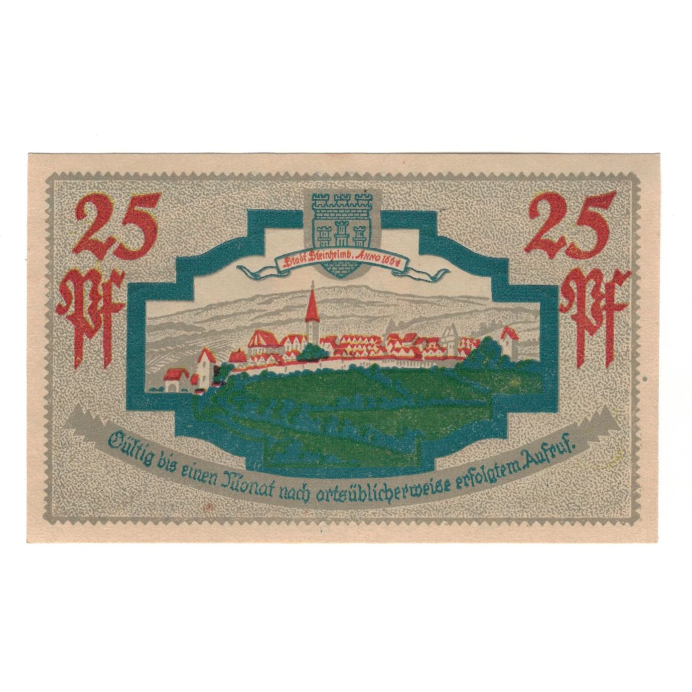 Banconote, Germania, Steinheim Stadt, 25 Pfennig, paysage, 1921, 1921-03-18