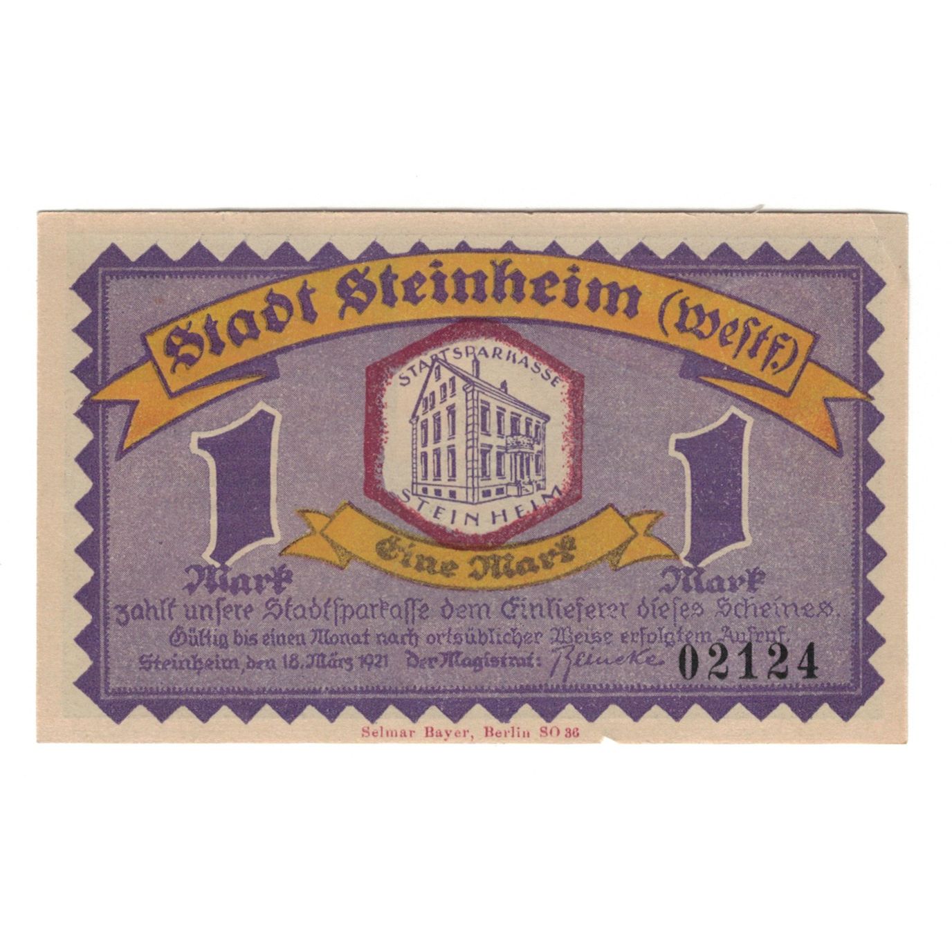 Banknote, Germany, Steinheim Stadt, 1 Mark, Maison, 1921, 1921-03-18, AU(55-58)