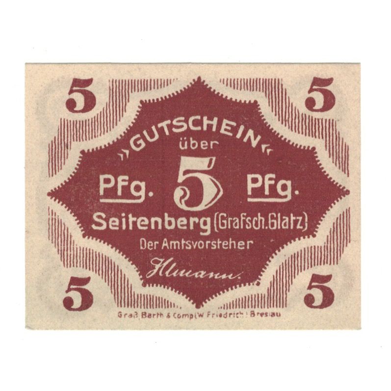 Banconote, Germania, Seitenberg Grafsch Glatz Amt, 5 Pfennig, Batiment, undated