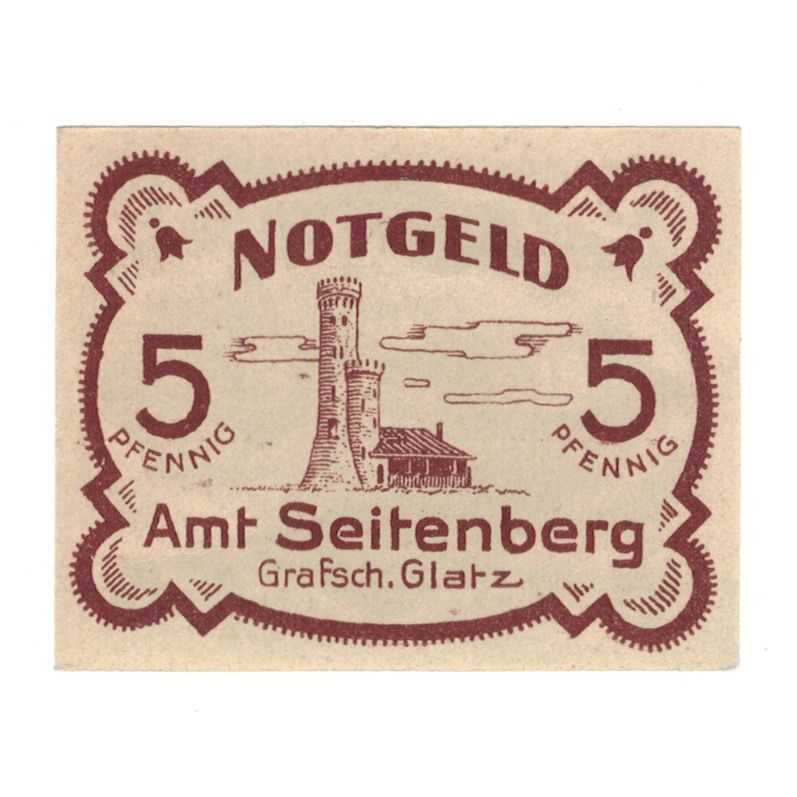 Banconote, Germania, Seitenberg Grafsch Glatz Amt, 5 Pfennig, Batiment, undated