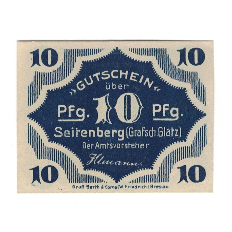 Banknote, Germany, Seitenberg Grafsch Glatz Amt, 10 Pfennig, Batiment, undated