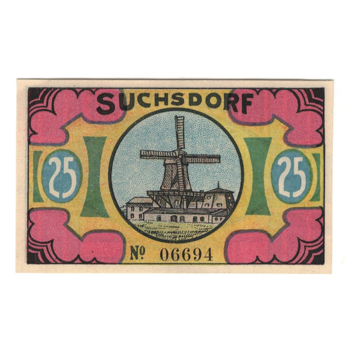 Banknote, Germany, Suchsdorf Gemeinde, 25 Pfennig, moulin, 1921, 1921-08-31