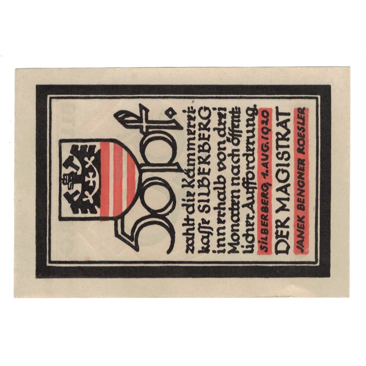 Banknote, Germany, Silberberg Stadt, 50 Pfennig, valeur faciale, 1920