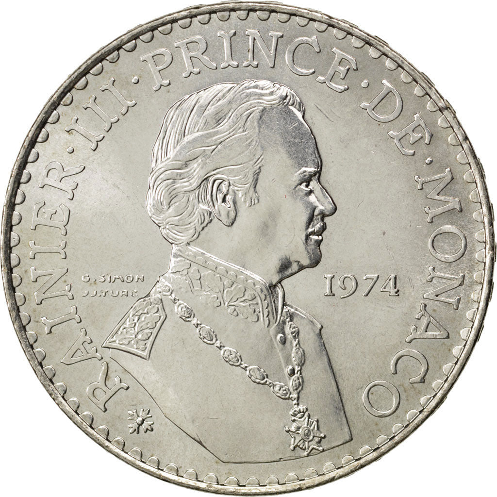 MONACO, 50 Francs, 1974, KM #152.1, MS(63), Silver, 41, Gadoury #162, 30.00
