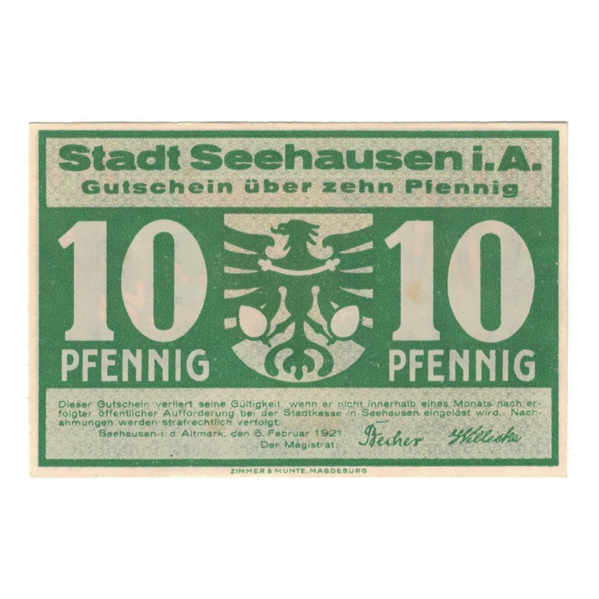 Banknote, Germany, Seehausen i. Altmark Stadt, 10 Pfennig, paysage, 1921