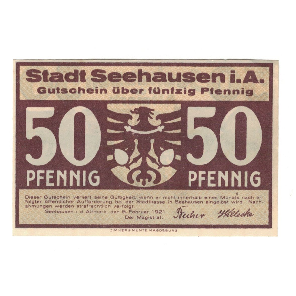 Biljet, Duitsland, Seehausen i. Altmark Stadt, 50 Pfennig, personnage, 1921