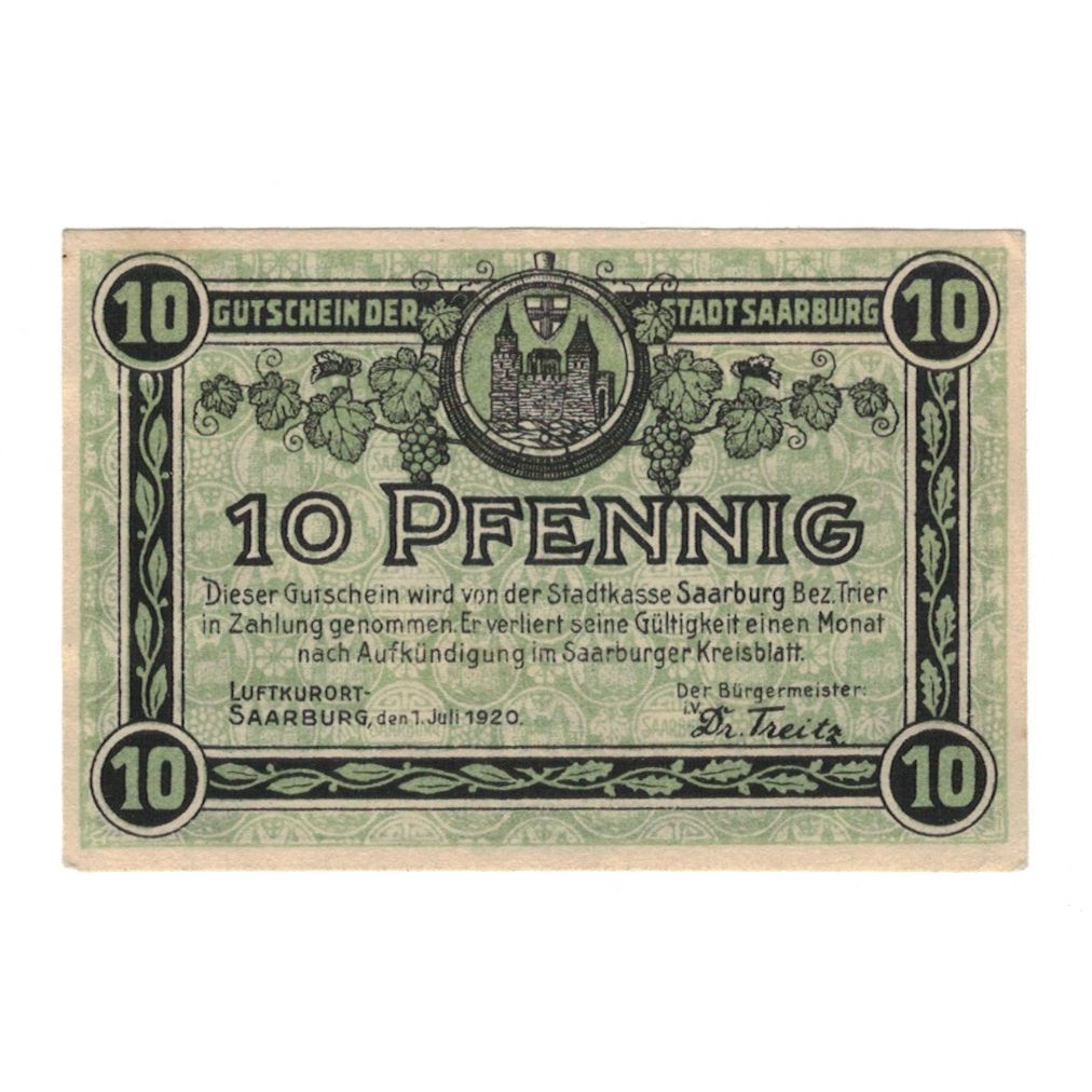 Banknote, Germany, Saarburg Stadt, 10 Pfennig, paysage, 1920, 1920-07-01
