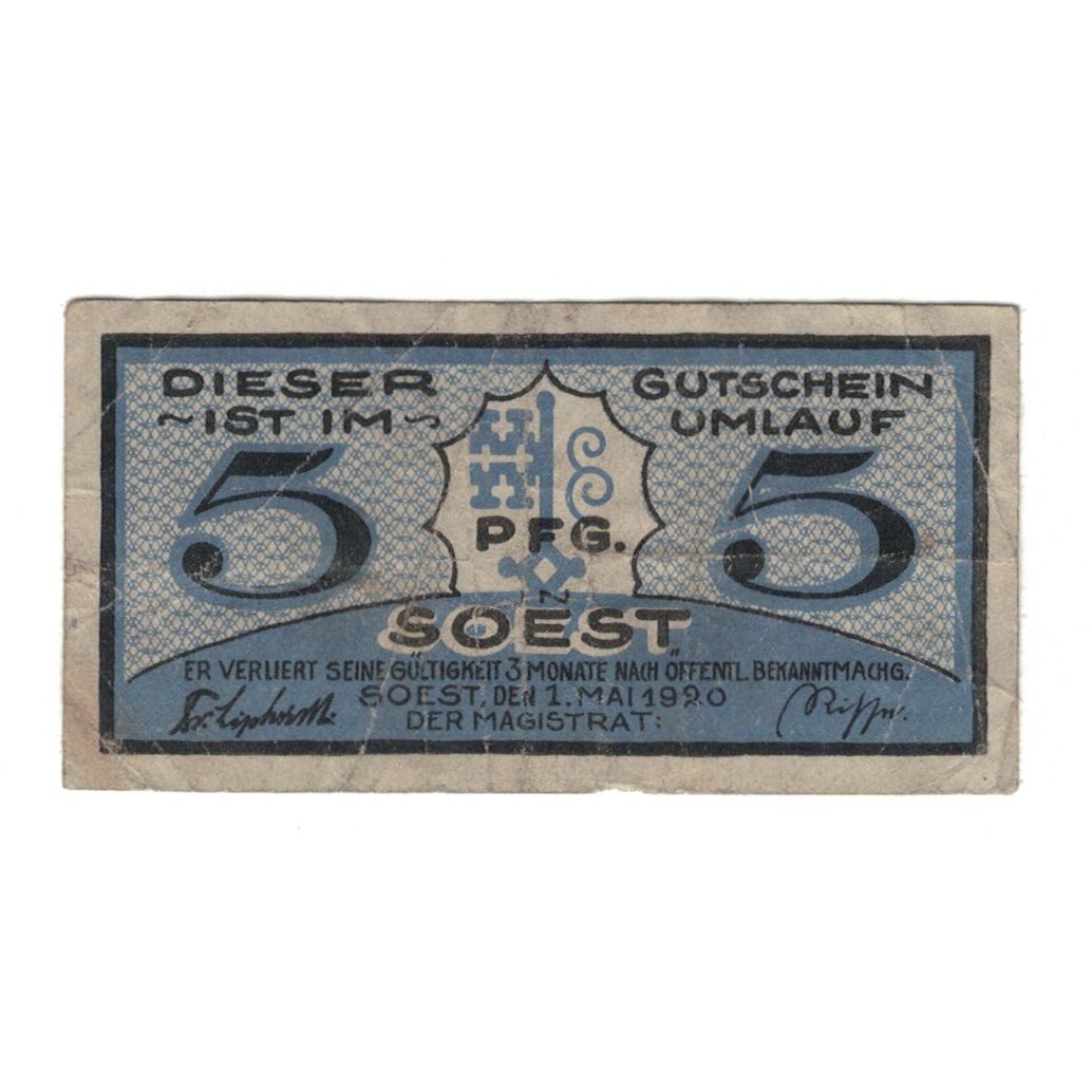 Nota, Alemanha, Soest Stadt, 5 Pfennig, paysage, 1920, 1920-05-01, VF(30-35)