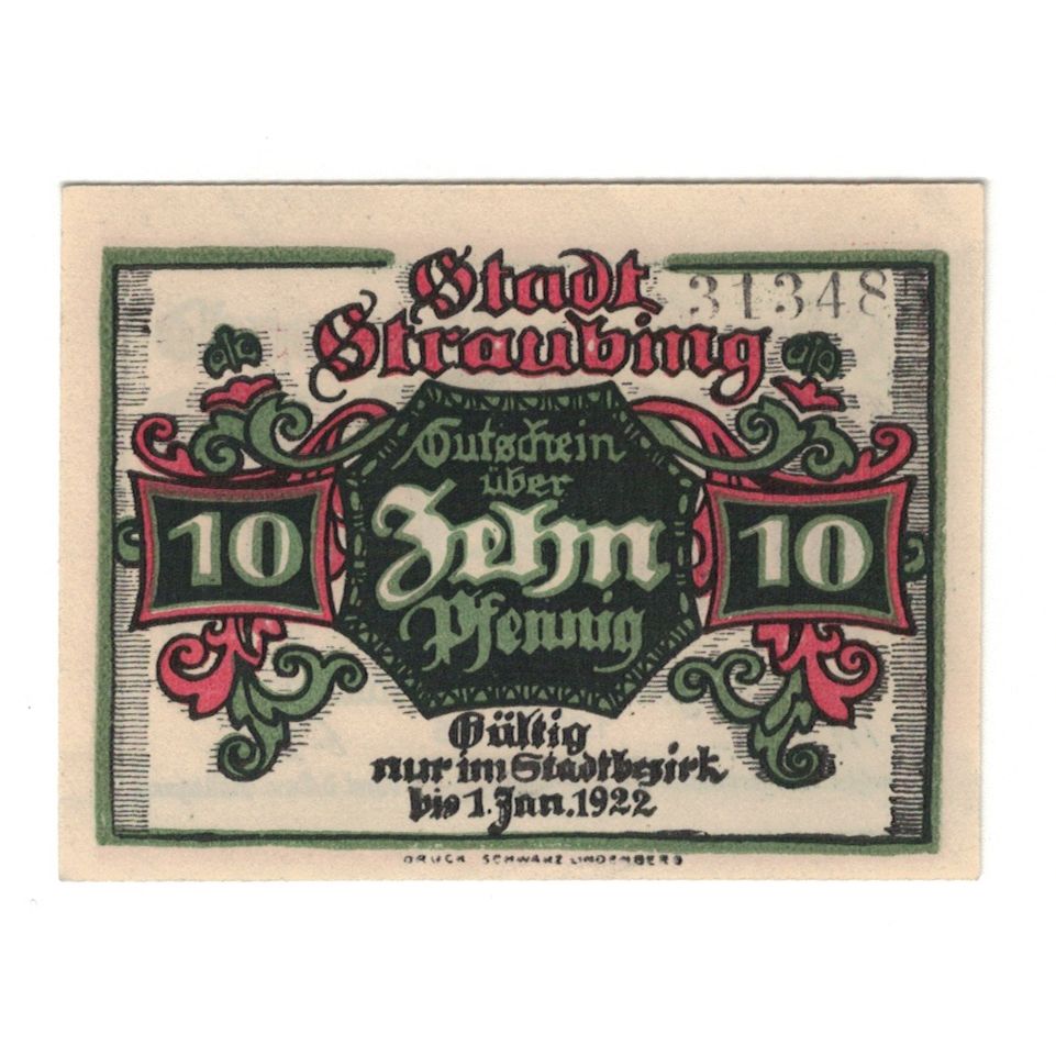 Banknote, Germany, Straubing Stadt, 10 Pfennig, valeur faciale, 1921