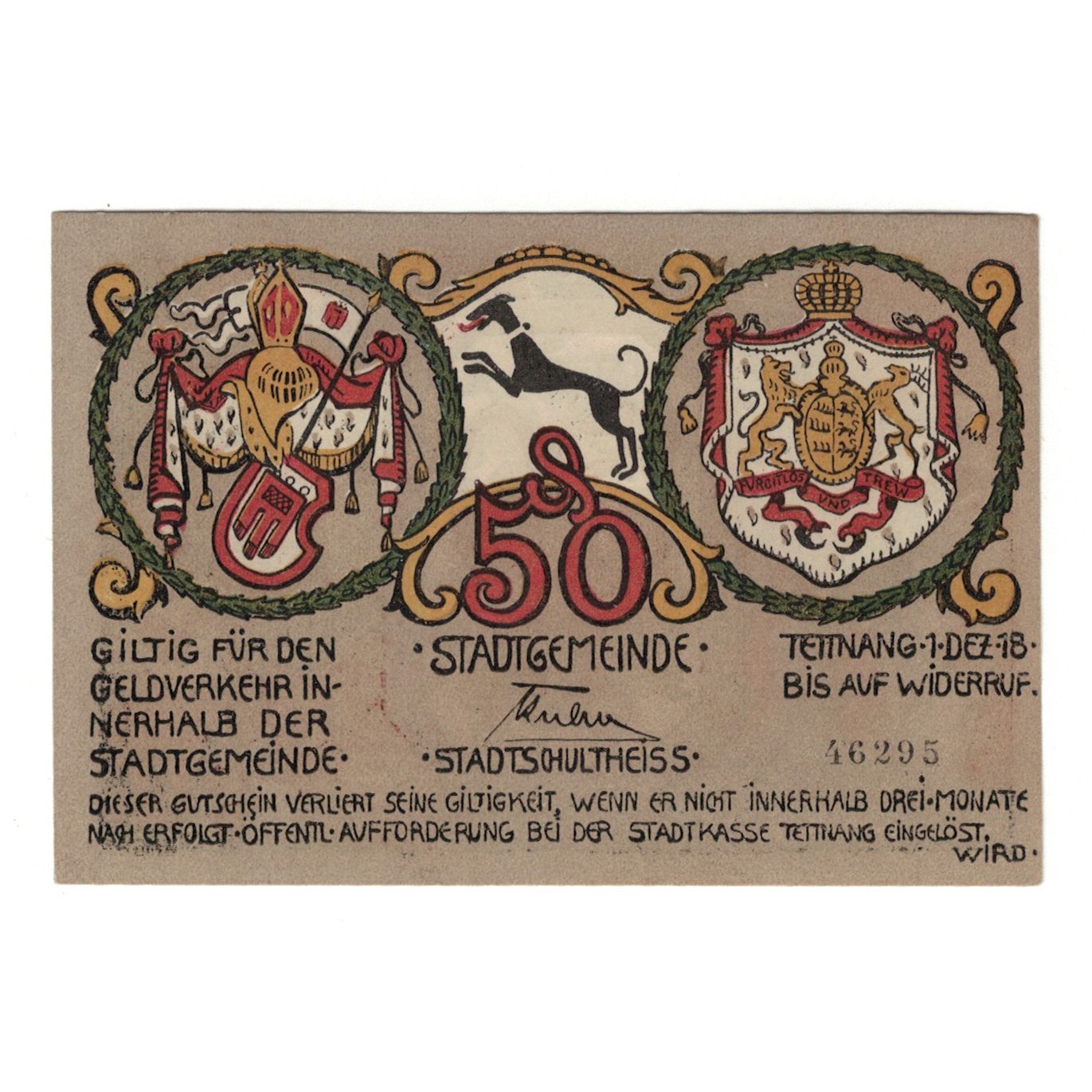 Banknote, Germany, Tettnang Stadt, 50 Pfennig, personnage, 1918, 1918-12-01