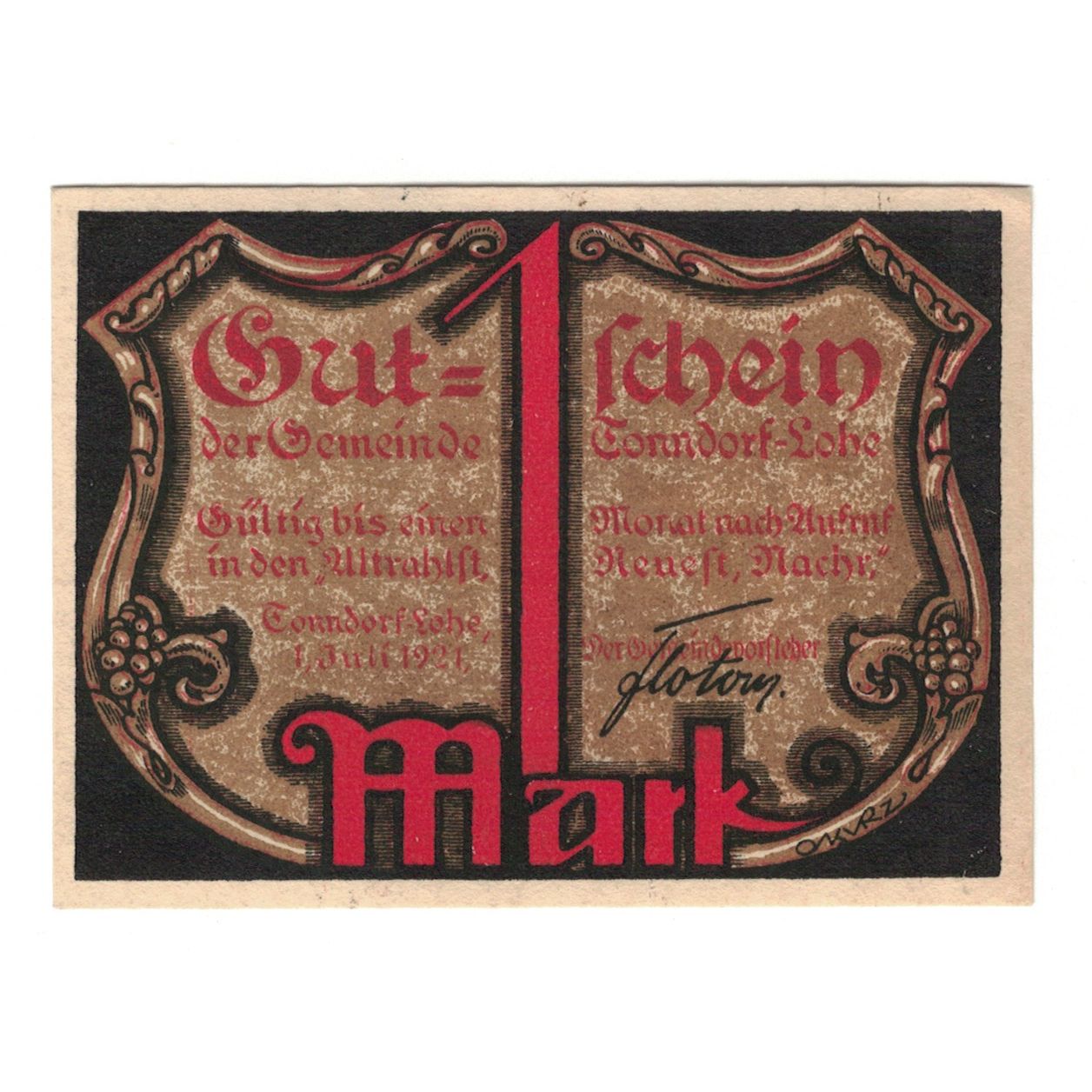 Banknote, Germany, Tonndorf Lohe Gemeinde, 1 Mark, personnage, 1921, 1921-07-01