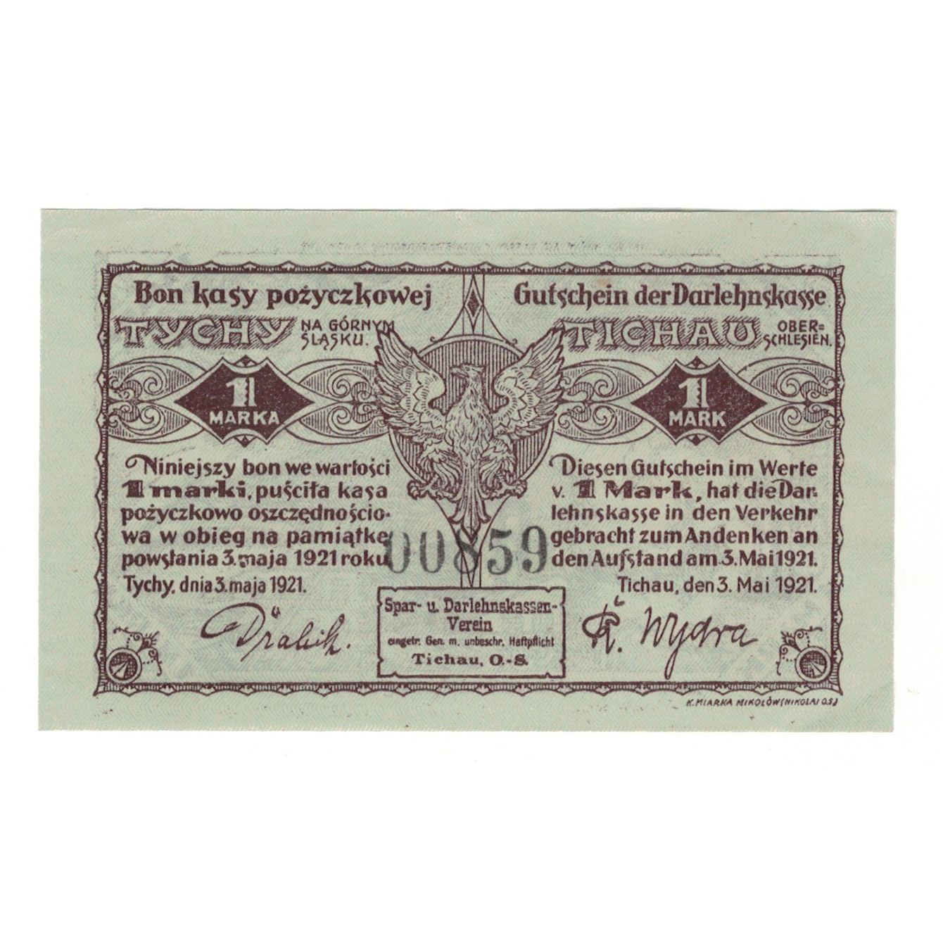 Billet, Allemagne, Tichau Spar und Darlehenskassen-Verein, 1 Mark, personnage