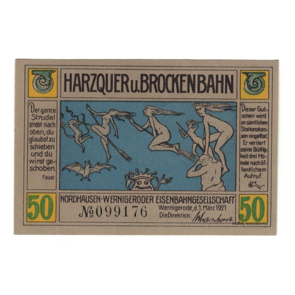 Banknote, Germany, Wernigerode Nordhausen-Wernigeroder Eisenbahngesellschaft, 50