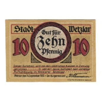 Banknote, Germany, Wetzlar Stadt, 10 Pfennig, Microscope, 1920, 1920-05-01
