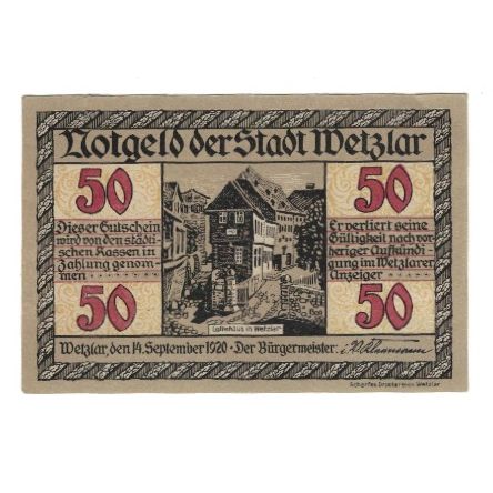 Billet, Allemagne, Wetzlar Stadt, 50 Pfennig, personnage, 1920, 1920-05-01, SUP
