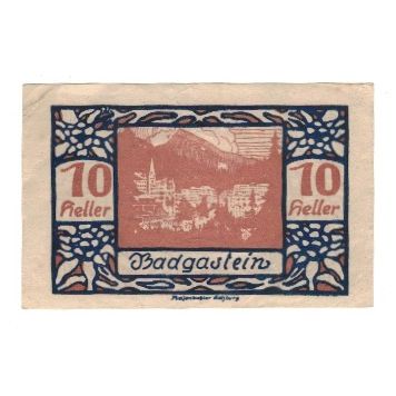 Banknote, Austria, Bad Gastein Sbg. Gemeinde, 10 Heller, paysage, 1920
