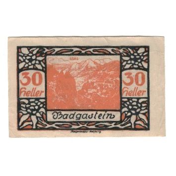 Banknote, Austria, Bad Gastein Sbg. Gemeinde, 30 Heller, paysage, 1920