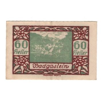 Banconote, Austria, Bad Gastein Sbg. Gemeinde, 60 Heller, paysage, 1920