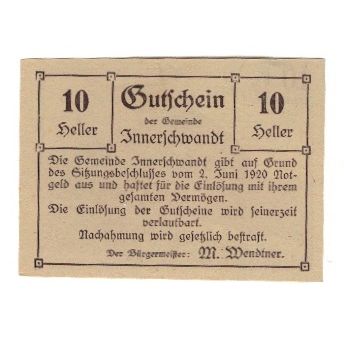 Banknot, Austria, Innerschwandt O.Ö. Gemeinde, 10 Heller, Texte, 1920