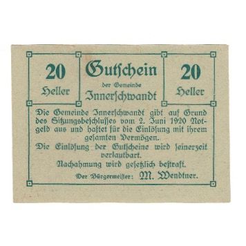 Geldschein, Österreich, Innerschwandt O.Ö. Gemeinde, 20 Heller, Texte, 1920