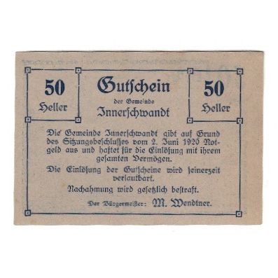 Geldschein, Österreich, Innerschwandt O.Ö. Gemeinde, 50 Heller, Texte, 1920