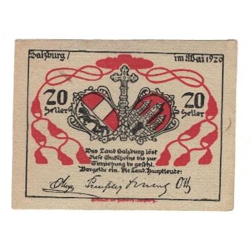 Banknote, Austria, Salzburg Sbg. Land, 20 Heller, paysage, 1920, AU(55-58)