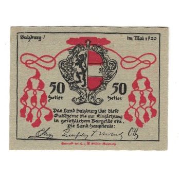Banknote, Austria, Salzburg Sbg. Land, 50 Heller, paysage, 1920, AU(55-58)