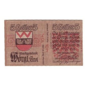 Banconote, Austria, Wörgl Tirol Marktgemeinde, 10 Heller, Blason, 1920