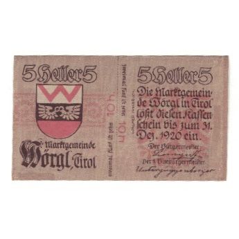 Banconote, Austria, Wörgl Tirol Marktgemeinde, 10 Heller, Blason, 1920