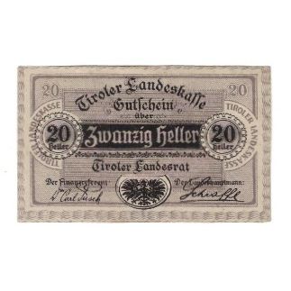 Banknote, Austria, Tiroler Landeskasse Tirol Land, 20 Heller, Texte, 1920