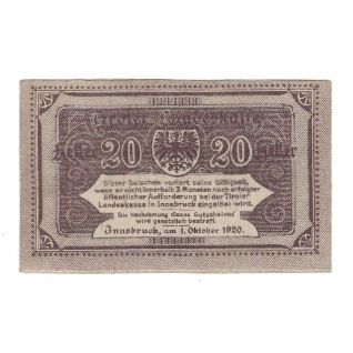 Banknote, Austria, Tiroler Landeskasse Tirol Land, 20 Heller, Texte, 1920