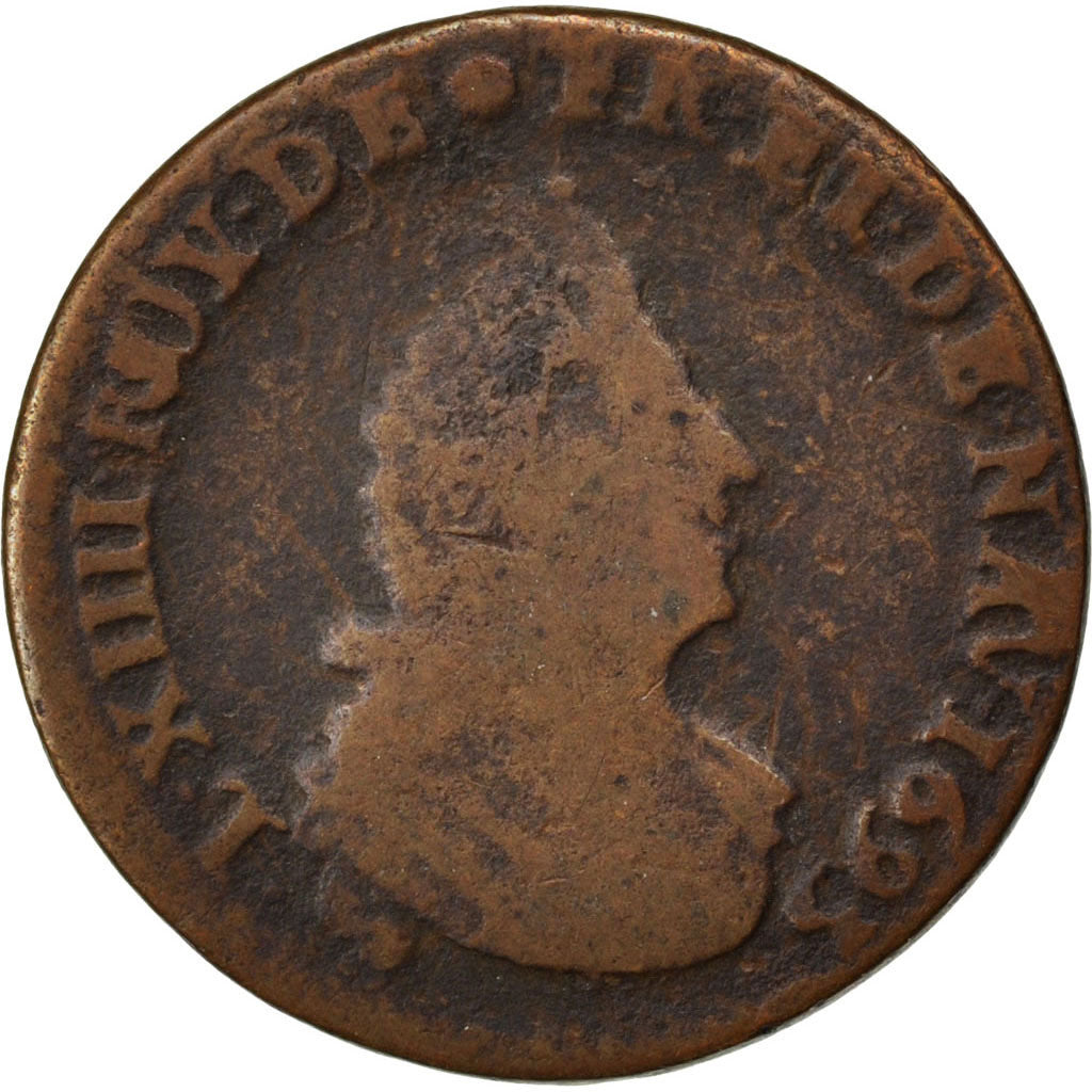 FRANCE, Liard de France au buste âgé, troisième type, Liard, 1695, Lille, KM #28