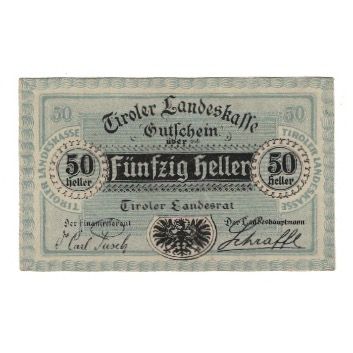 Banknote, Austria, Tiroler Landeskasse Tirol Land, 50 Heller, Texte, 1920