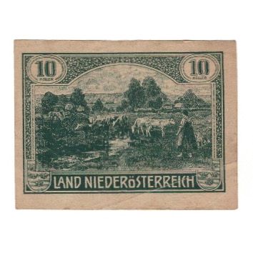 Banknote, Austria, Niederösterreich N.Ö. Land, 10 Heller, Texte, 1920