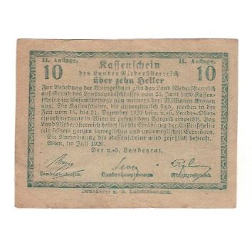 Banknote, Austria, Niederösterreich N.Ö. Land, 10 Heller, Texte, 1920
