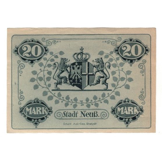 Banconote, Germania, Neuß Stadt, 20 Mark, Blason, 1918, 1918-11-12, SPL-