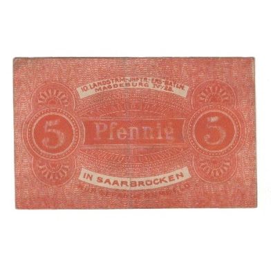 Billet, Allemagne, Saarbrücken Stadt, 5 Pfennig, valeur faciale, TTB