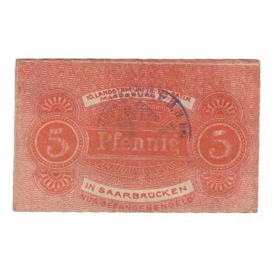 Billet, Allemagne, Saarbrücken Stadt, 5 Pfennig, valeur faciale, TTB
