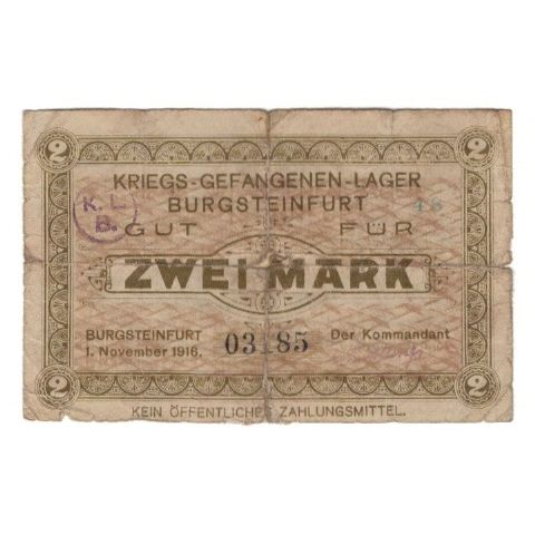 Banknote, Germany, Gefangenenlager Burgsteinfurt, 2 Mark, Texte, 1916
