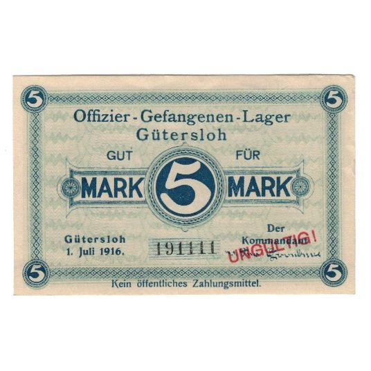 Banconote, Germania, Gefangenenlager Gütersloh, 5 Mark, Texte, 1916