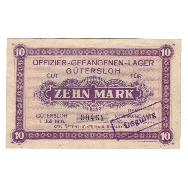Banconote, Germania, Gefangenenlager Gütersloh, 10 Mark, Texte, 1916