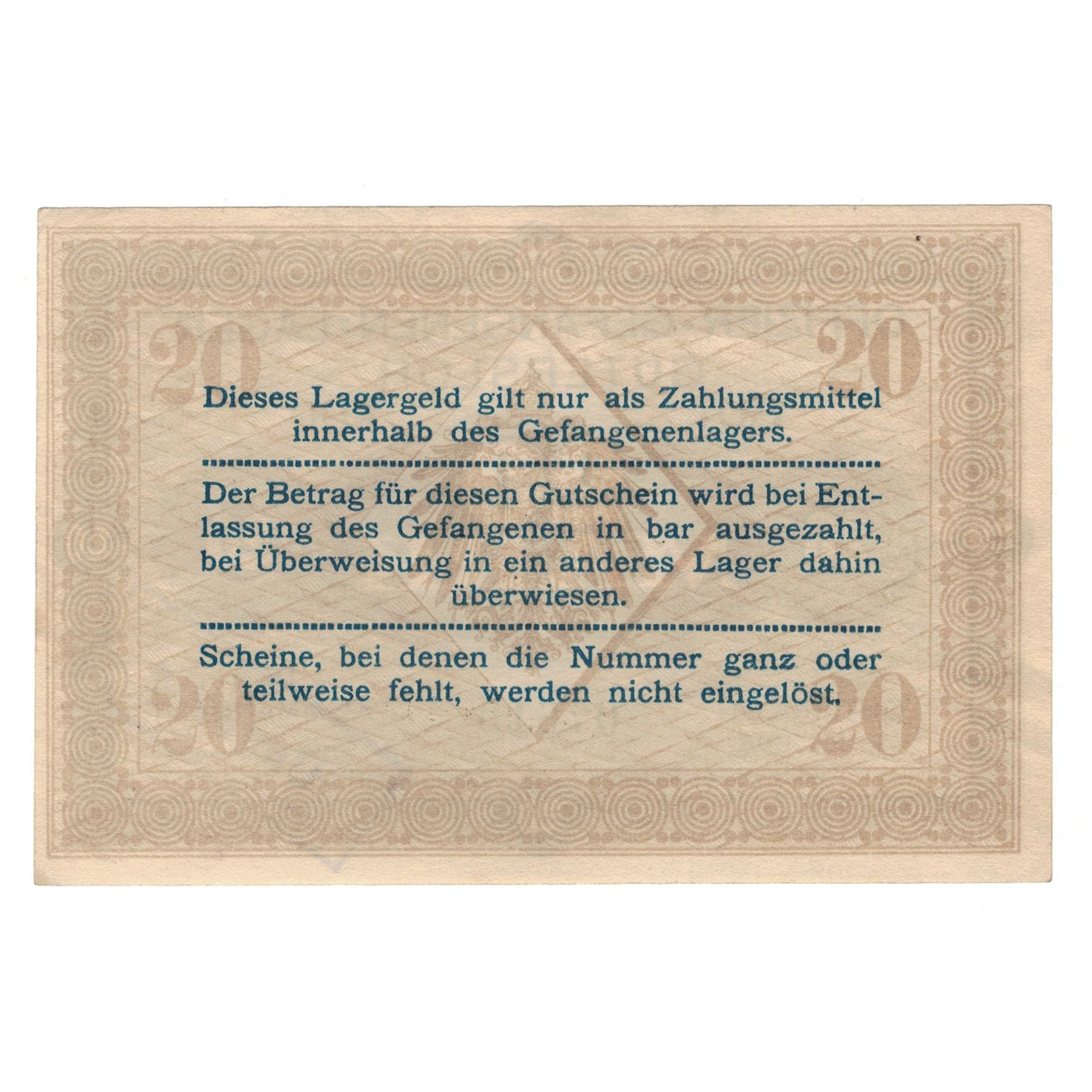 Banknote, Germany, Gefangenenlager Gütersloh, 20 Mark, Texte, 1916, 1916-07-01