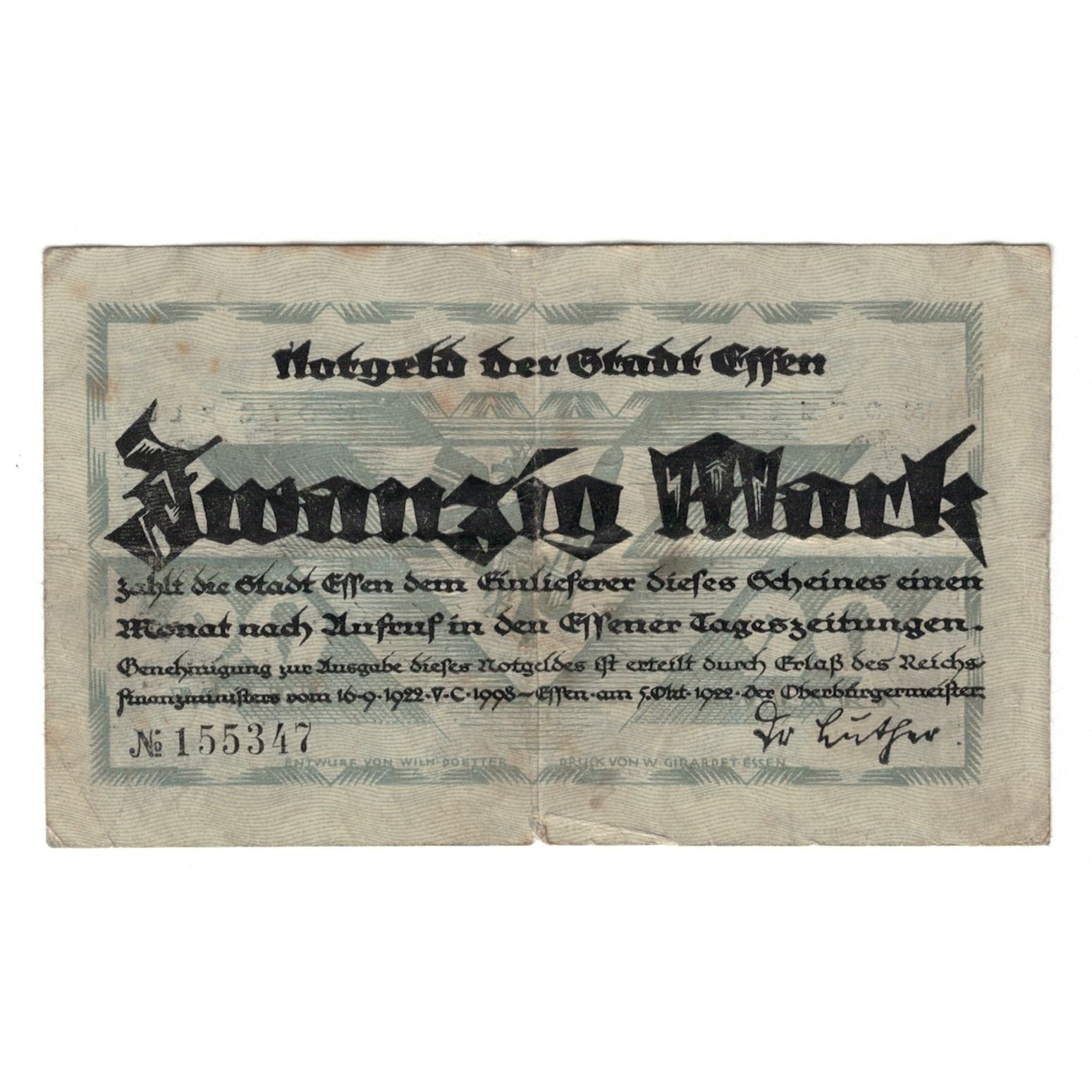 Banknote, Germany, Essen Stadt, 20 Mark, Texte, 1922, 1922-09-16, VF(30-35)