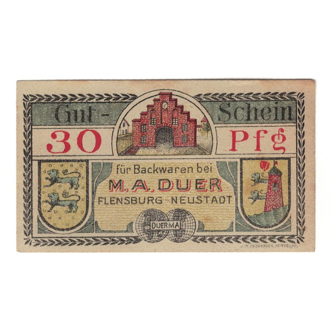 Banknote, Germany, Flensburg M.A. Duer Stadt, 30 Pfennig, Blason, undated
